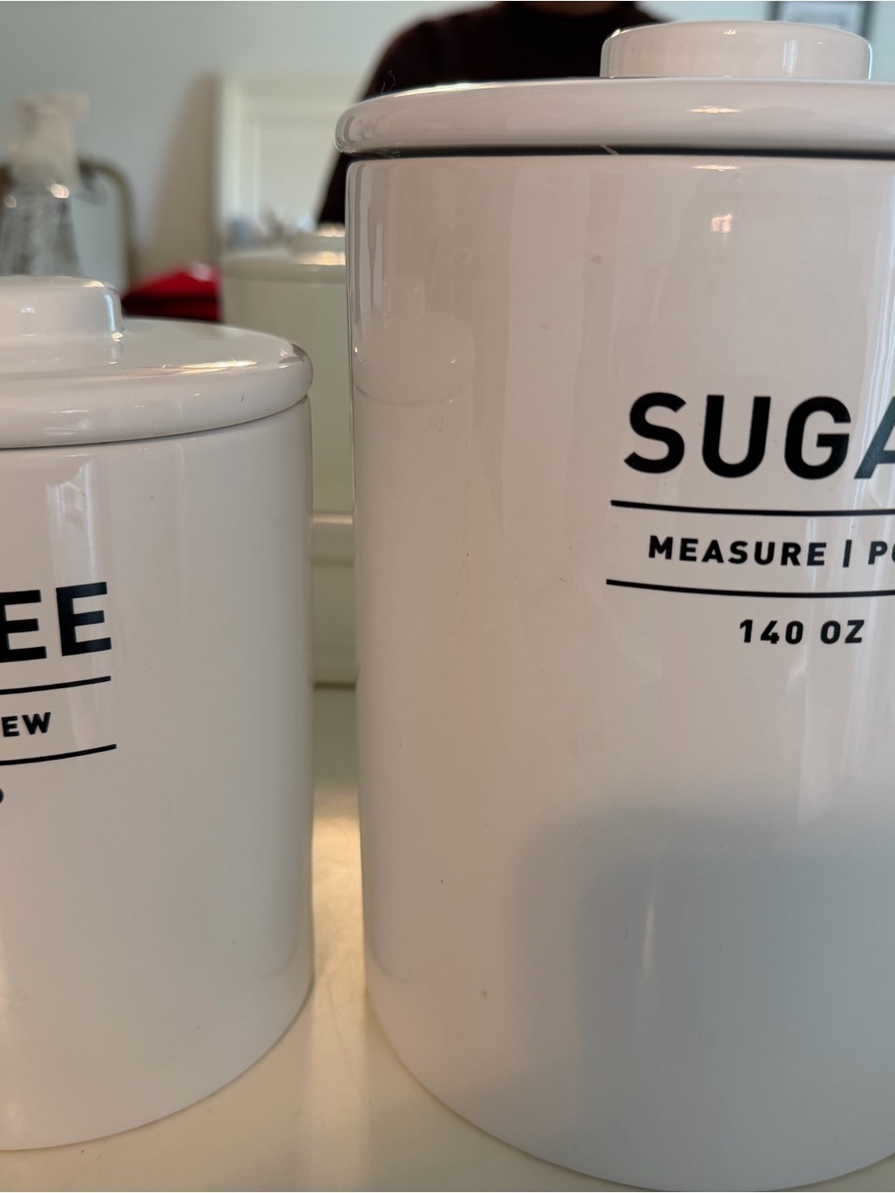 West Elm White Ceramic Sugar and Coffee Canisters with Black Lettering
